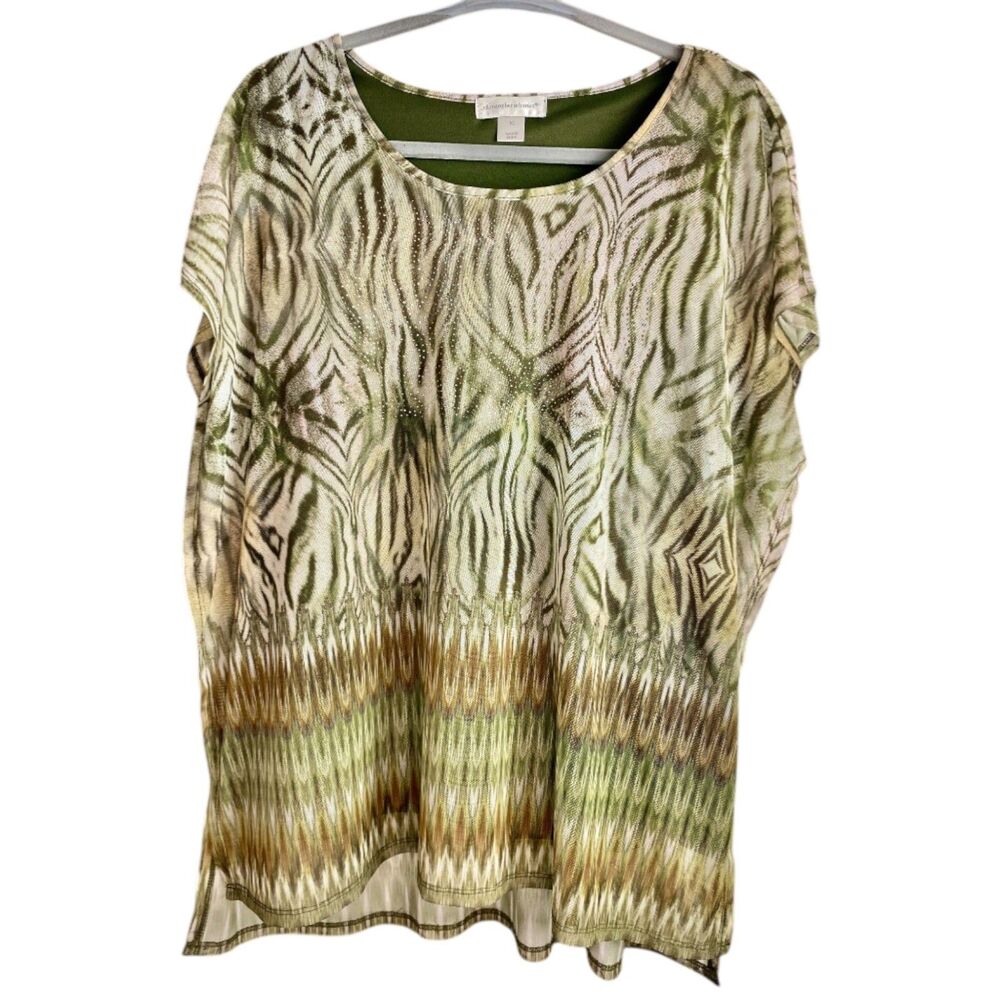 Christopher & Banks XL Plus Green Brown Blouse Lined Mesh Hi-Low Bejeweled Neck